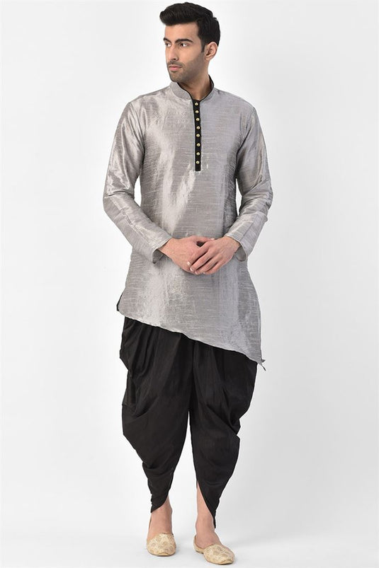 Grey Color Art Silk Fabric Function Wear Trendy Readymade Dhoti Style Kurta Pyjama For Men