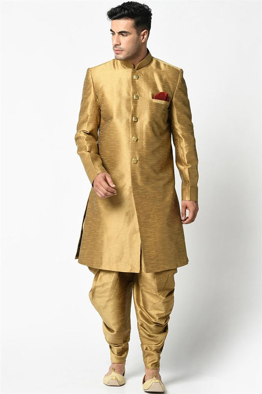 Golden Color Art Silk Fabric Reception Wear Stylish Readymade Dhoti Style Indo Western For Men