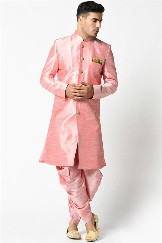 Pink Color Art Silk Fabric Sangeet Wear Trendy Readymade Dhoti Style Indo Western For Men