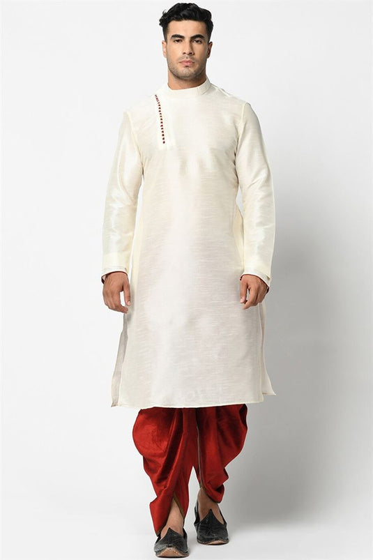 Off White Color Art Silk Fabric Wedding Wear Trendy Readymade Dhoti Style Kurta Pyjama For Men