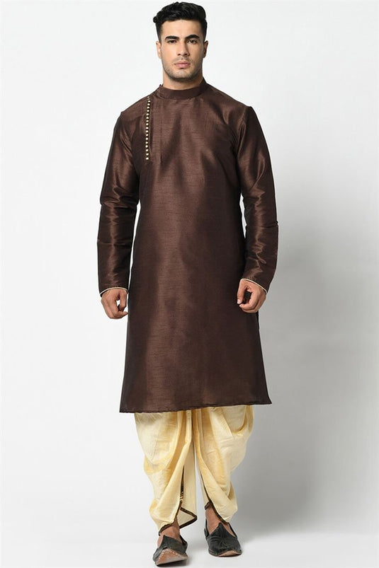 Brown Color Art Silk Fabric Sangeet Wear Designer Readymade Dhoti Style Kurta Pyjama For Men