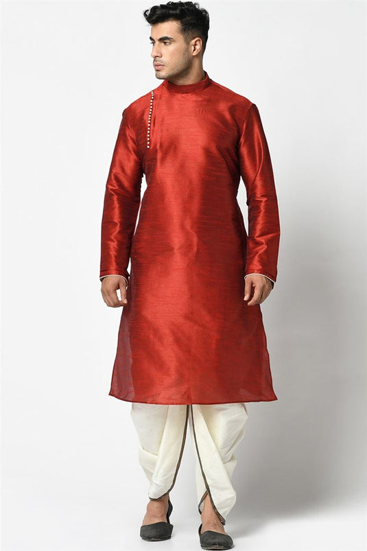 Red Color Art Silk Fabric Wedding Wear Fancy Readymade Dhoti Style Kurta Pyjama For Men