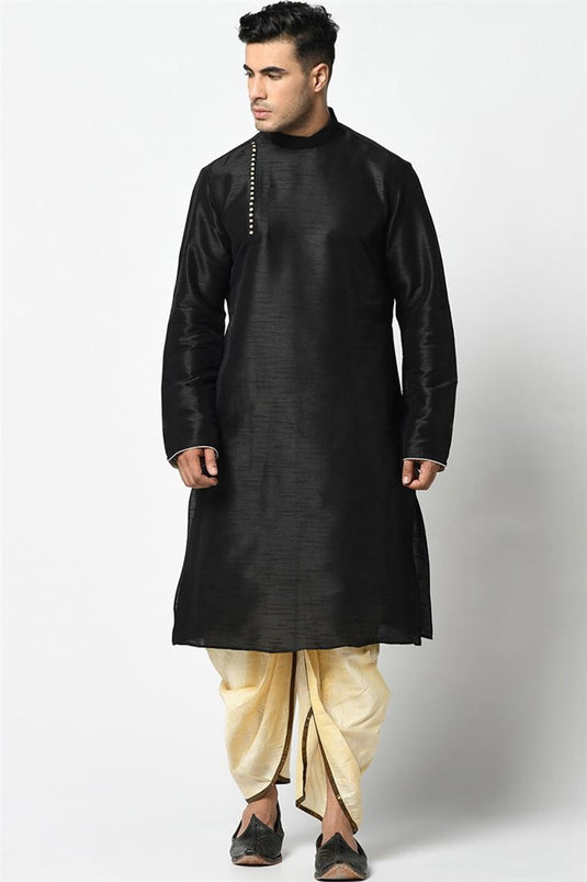 Black Color Art Silk Fabric Reception Wear Trendy Readymade Dhoti Style Kurta Pyjama For Men