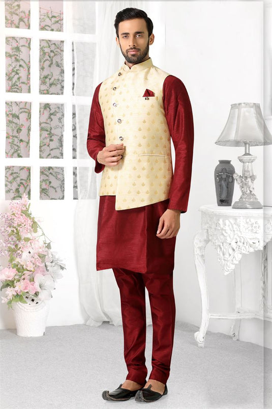Maroon Color Art Silk Fabric Function Wear Kurta Pyjama With Fancy Jacket