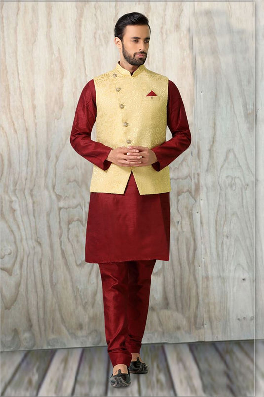 Maroon Color Art Silk Fabric Sangeet Wear Kurta Pyjama With Trendy Jacket