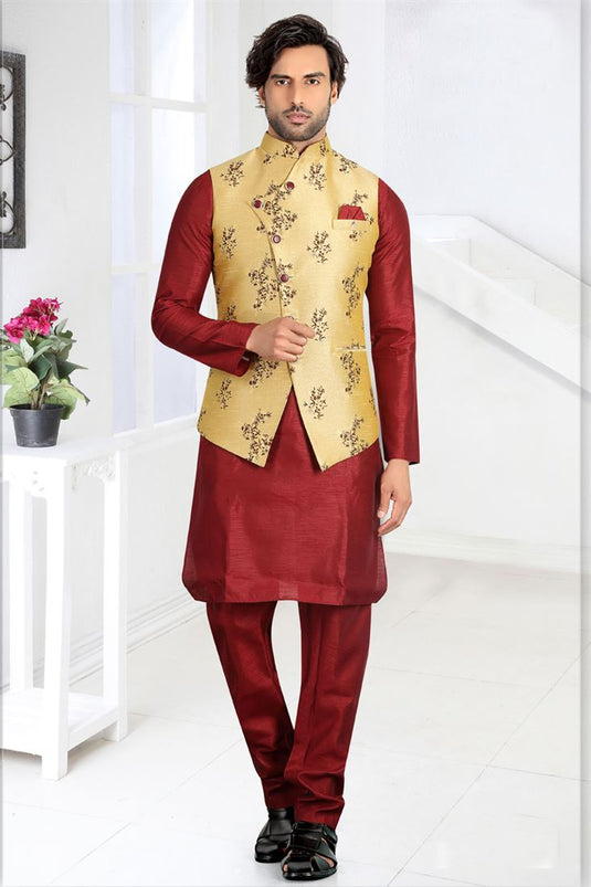 Maroon Color Art Silk Fabric Festive Wear Kurta Pyjama With Trendy Jacket