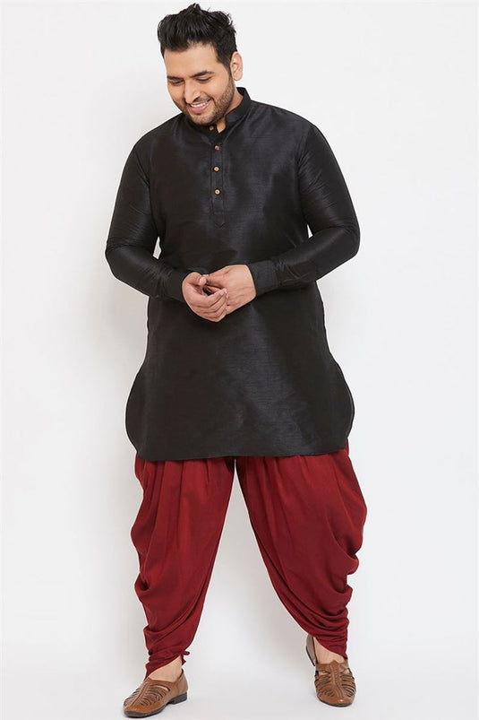 Traditional Wear Dhupion Silk Fabric Black Color Plus Size Kurta With Dhoti Style Pyjama