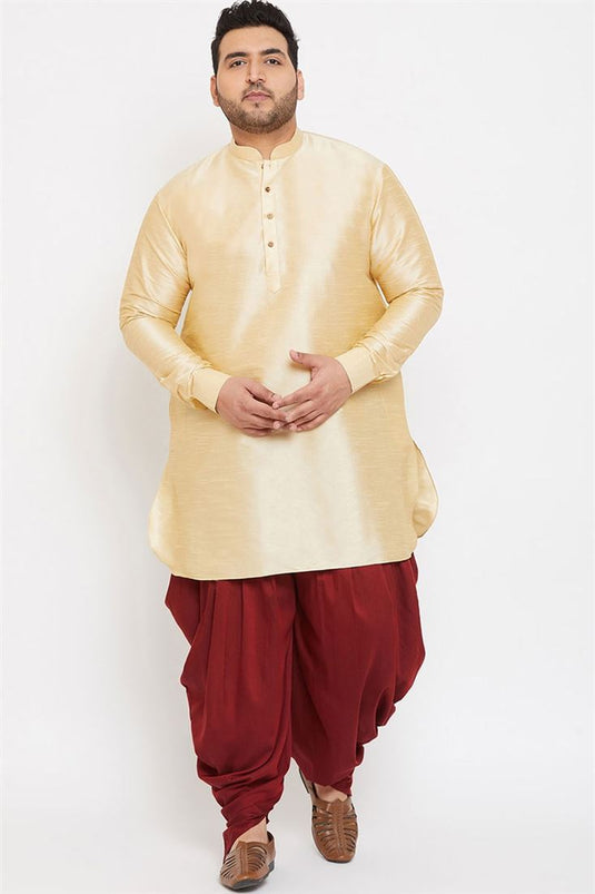 Exquisite Dhupion Silk Fabric Cream Color Function Wear Plus Size Kurta With Dhoti Style Pyjama