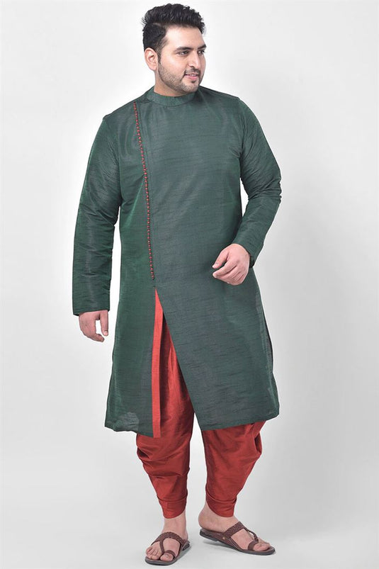 Green Color Function Wear Plus Size Kurta With Dhoti Style Pyjama In Dhupion Silk Fabric