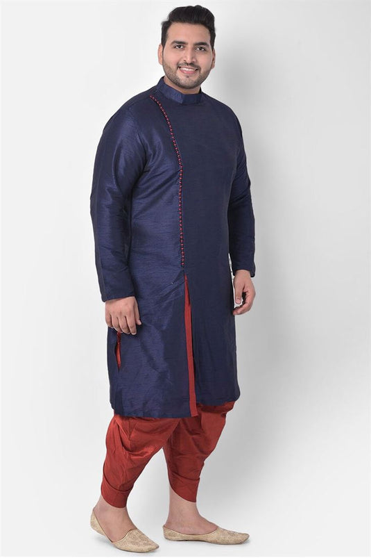 Dhupion Silk Fabric Navy Blue Color Function Wear Plus Size Kurta With Dhoti Style Pyjama