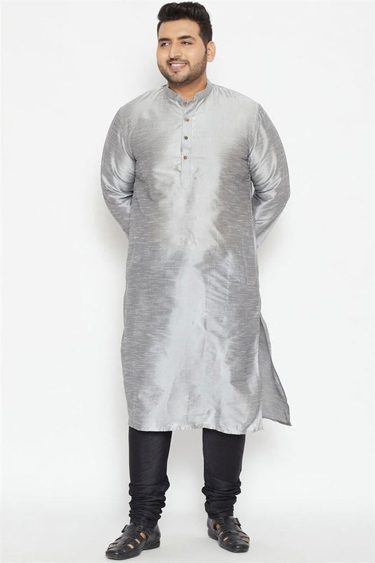 Dhupion Silk Fabric Grey Color Sangeet Wear Plus Size Kurta Pyjama