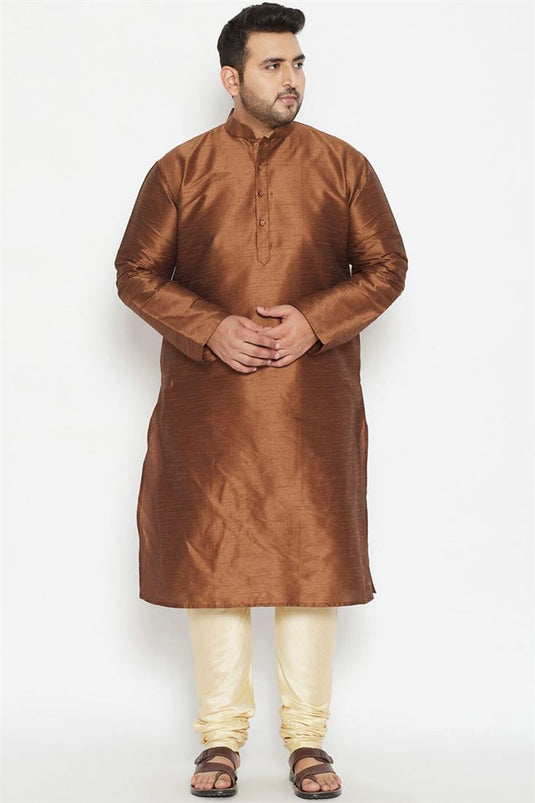 Brown Color Dhupion Silk Fabric Sangeet Wear Stunning Plus Size Kurta Pyjama