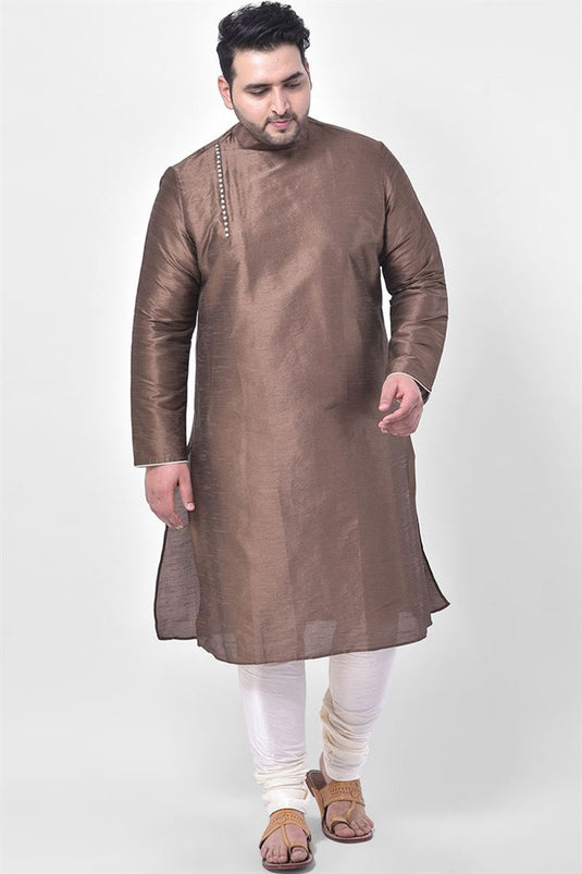 Brown Color Sangeet Wear Plus Size Kurta Pyjama In Dhupion Silk Fabric
