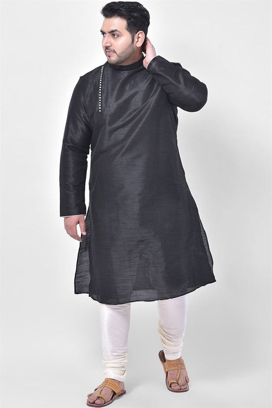 Gleaming Sangeet Wear Black Color Plus Size Kurta Pyjama In Dhupion Silk Fabric