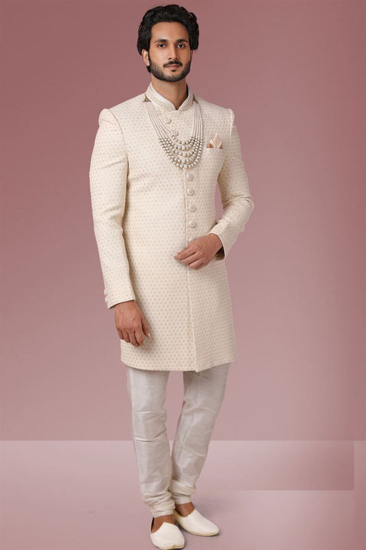 Cream Color Function Wear Stylish Sherwani In Georgette Fabric