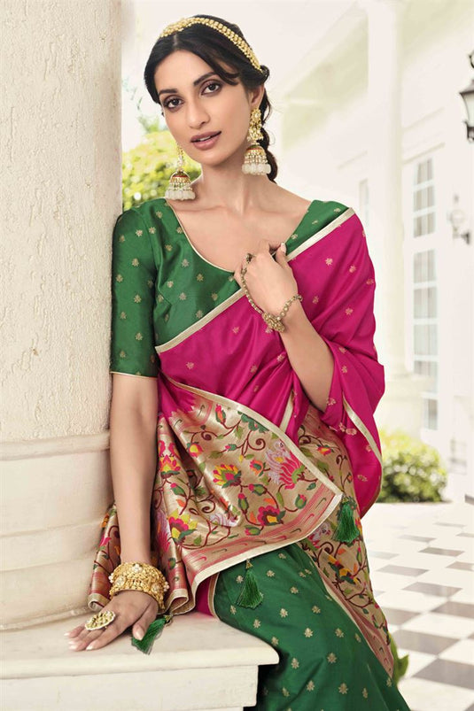 Banarasi Style Function Wear Art Silk Fabric Dark Green Color Lehenga With Contrast Duppata
