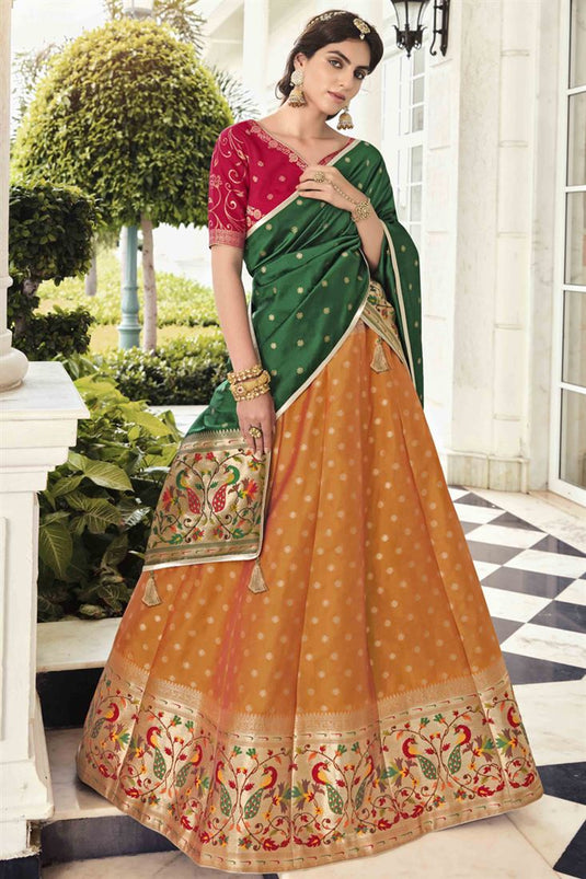 Function Wear Art Silk Fabric Banarasi Style Lehenga In Mustard Color
