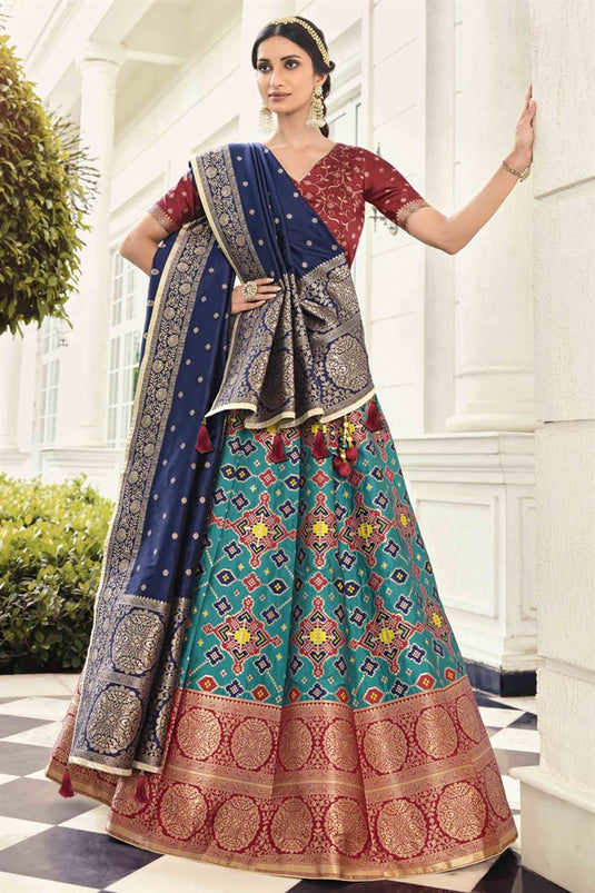 Cyan Color Function Wear Weaving Work Lehenga Choli In Art Silk Fabric