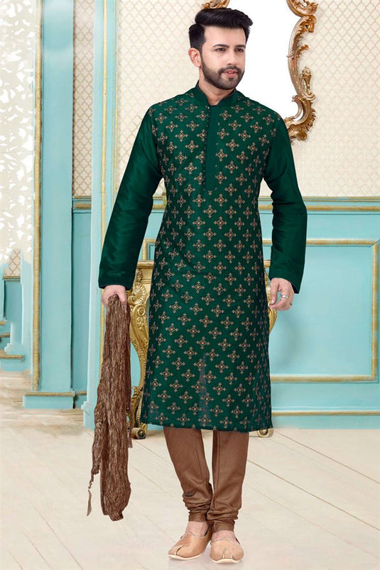 Dhupion Silk Fabric Wedding Wear Embroidered Work Kurta Pyjama For Men In Green Color