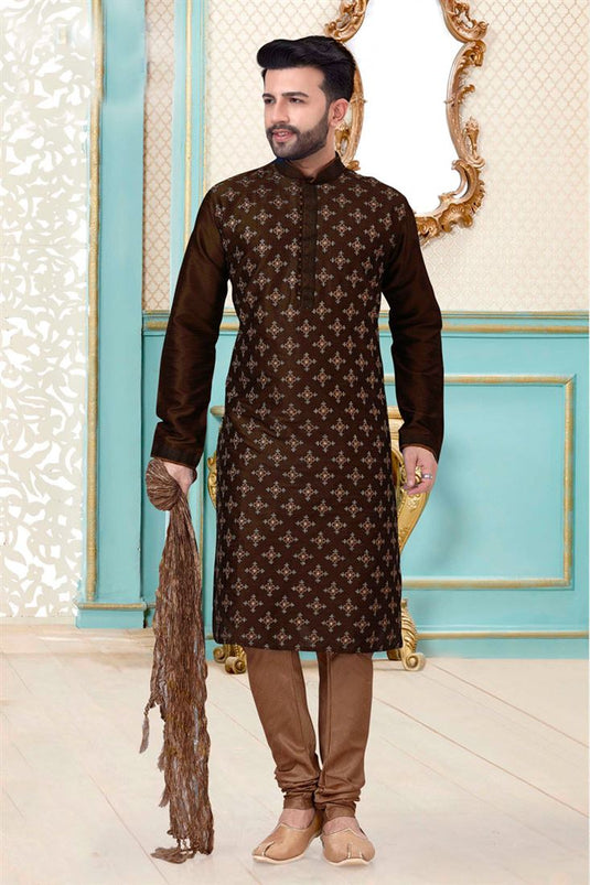 Fantastic Wedding Wear Dhupion Silk Fabric Brown Color Embroidered Work Kurta Pyjama For Men