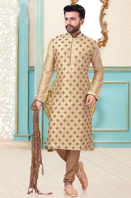 Cream Color Dhupion Silk Fabric Exquisite Wedding Wear Embroidered Work Kurta Pyjama For Men