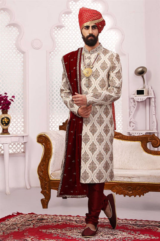 Appealing Off White Color Banarasi Silk Fabric Heavy Embroidered Designer Groom Sherwani