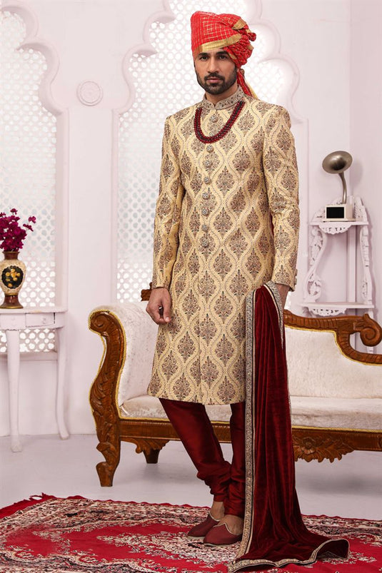 Engaging Cream Color Banarasi Silk Fabric Heavy Embroidered Designer Groom Sherwani
