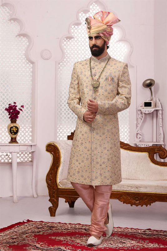 Stunning Cream Color Banarasi Silk Fabric Heavy Embroidered Designer Groom Sherwani