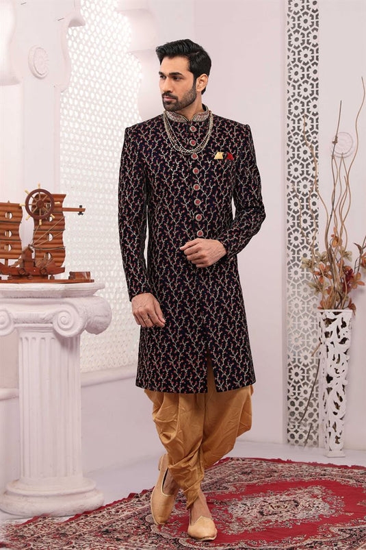 Appealing Black Color Velvet Fabric Heavy Embroidered Designer Groom Sherwani