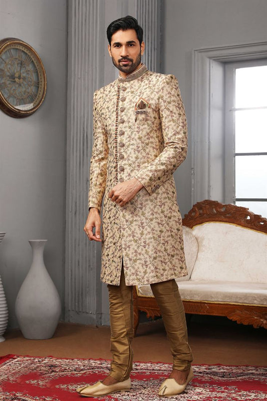 Fetching Beige Color Banarasi Silk Fabric Heavy Embroidered Designer Groom Sherwani
