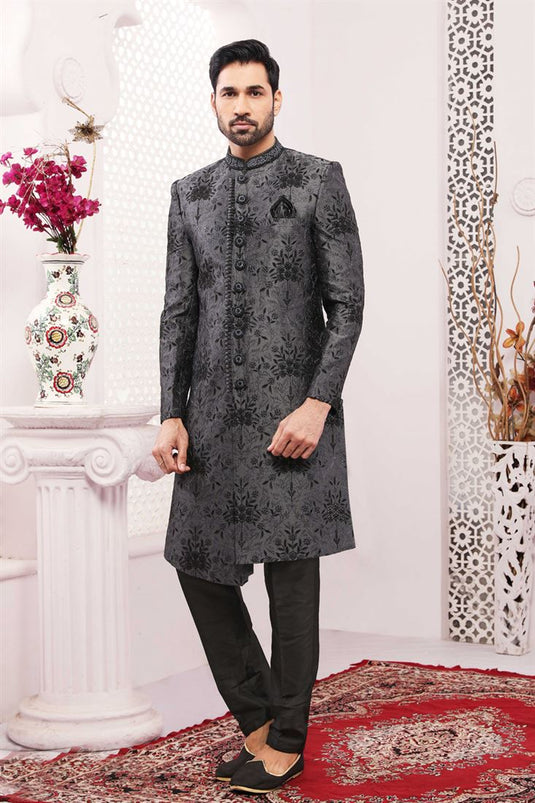 Stunning Grey Color Banarasi Silk Fabric Heavy Embroidered Designer Groom Sherwani