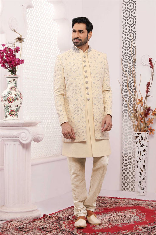 Attractive Beige Color Banarasi Silk Fabric Heavy Embroidered Designer Indowestern Groom Sherwani
