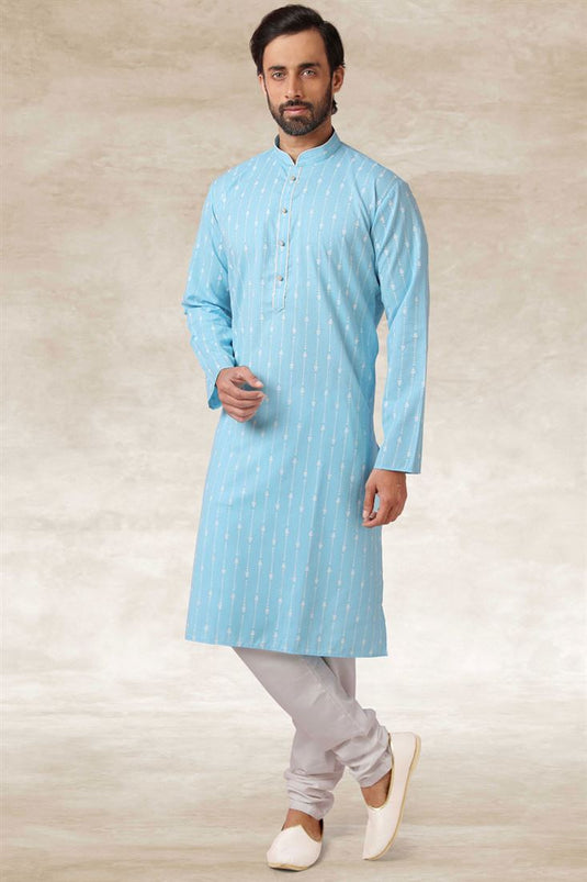 Readymade Sky Blue Color Cotton Fabric Festival Wear Stright Kurta Pyjama