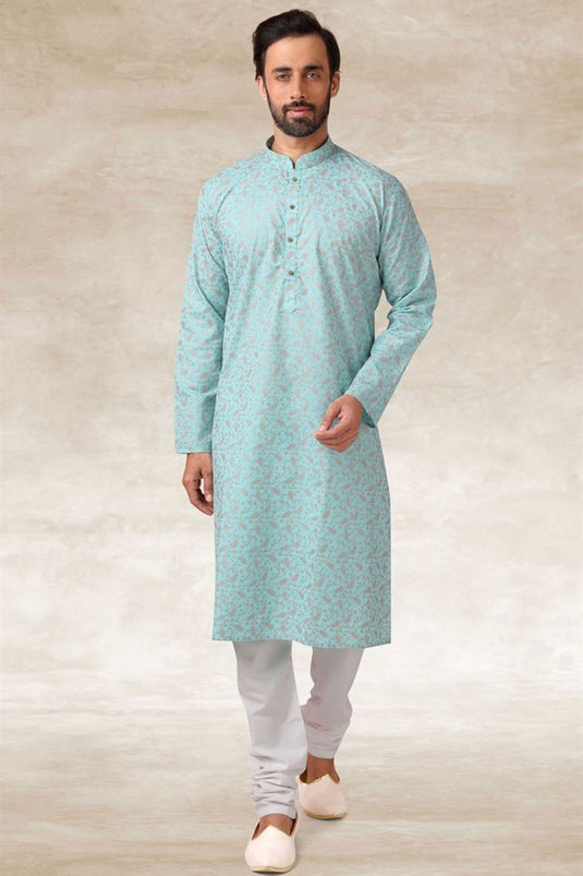 Festive Wear Cotton Fabric Sky Blue Color Stright Kurta Pyjama