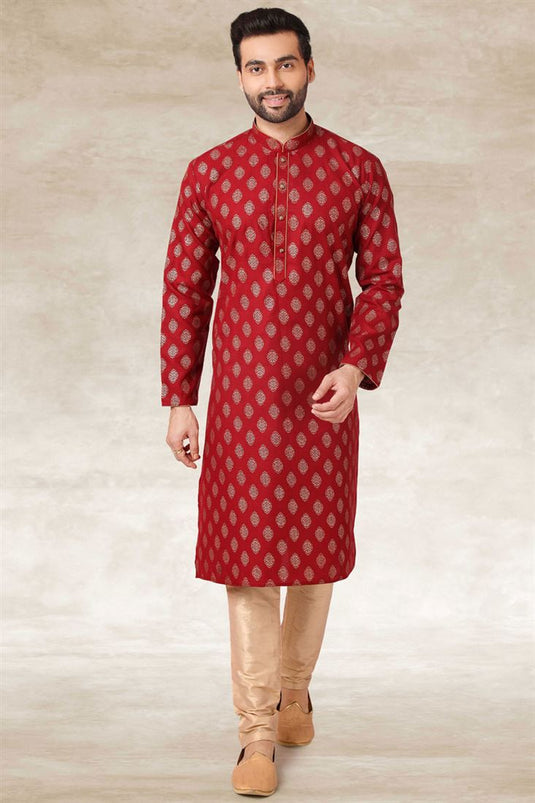 Readymade Cotton Fabric Maroon Color Festival Wear Stright Kurta Pyjama