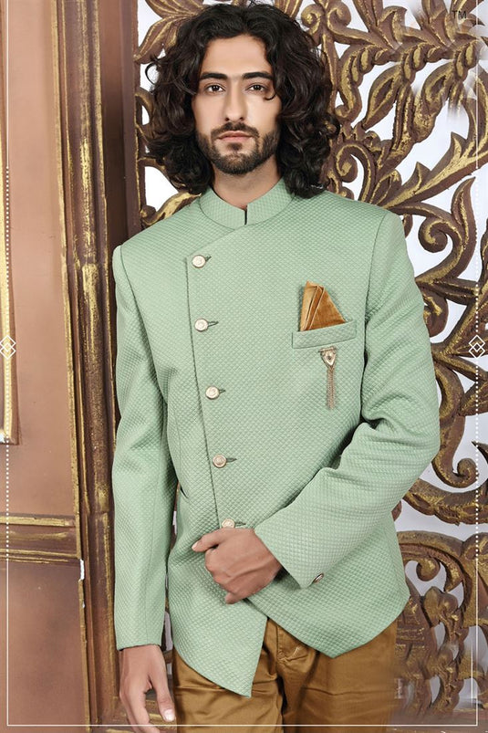 Wedding Wear Fancy Fabric Sea Green Color Jodhpuri Suit