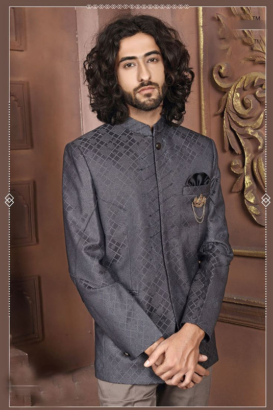 Wedding Wear Velvet Fabric Grey Color Jodhpuri Suit