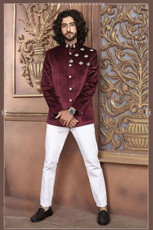 Wedding Wear Velvet Fabric Maroon Color Jodhpuri Suit