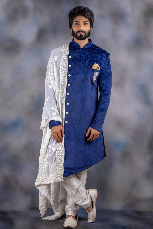 Art Silk Fabric Blue Color Wedding Wear Indo Western For Man