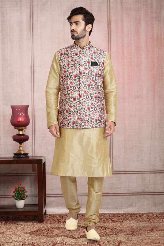 Banarasi Style Art Silk Fabric Beige Color Kurta Pyjama With Jacket