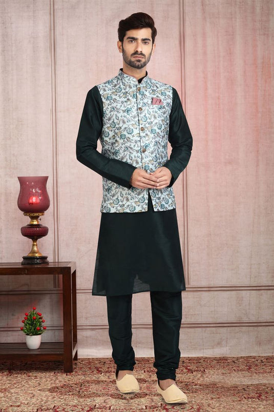 Banarasi Style Art Silk Fabric Teal Color Weadding Kurta Pyjama With Jacket