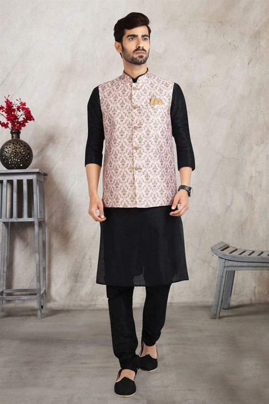 Wedding Wear Black Color Banarasi Style Art Silk Fabric Kurta Pyjama With Jacket