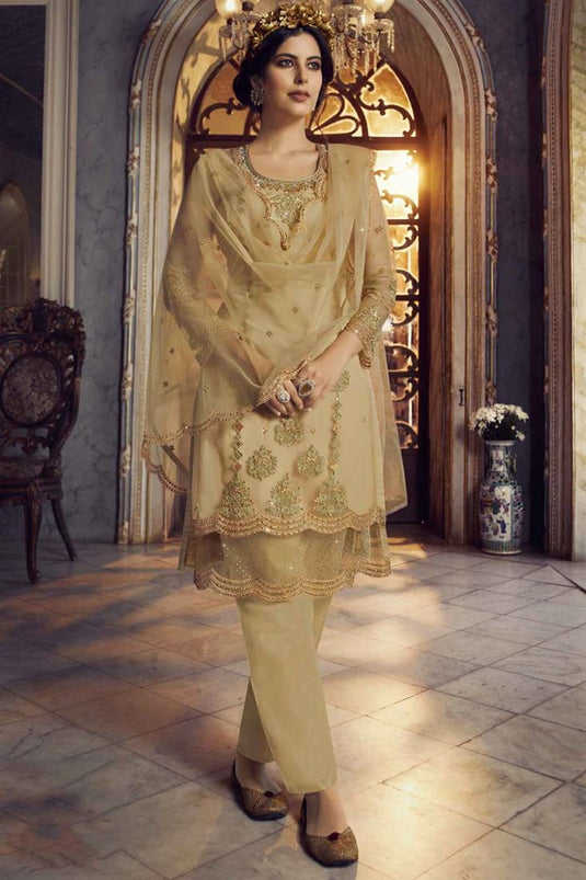 Wedding Wear Georgette Fabric Beige Color Embroidered Work Soothing Salwar Suit