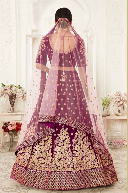 Velvet Fabric Purple Color Wedding Wear Embroidered Stylish Lehenga Choli