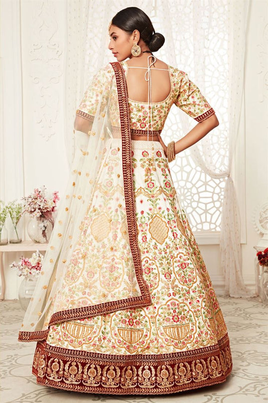 Wedding Wear Embroidered Beige Color Fancy Lehenga Choli In Art Silk Fabric