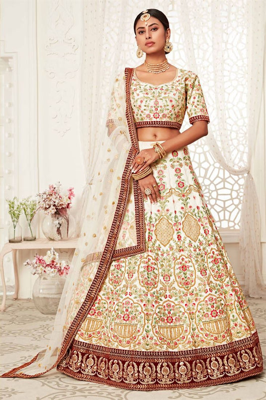 Wedding Wear Embroidered Beige Color Fancy Lehenga Choli In Art Silk Fabric