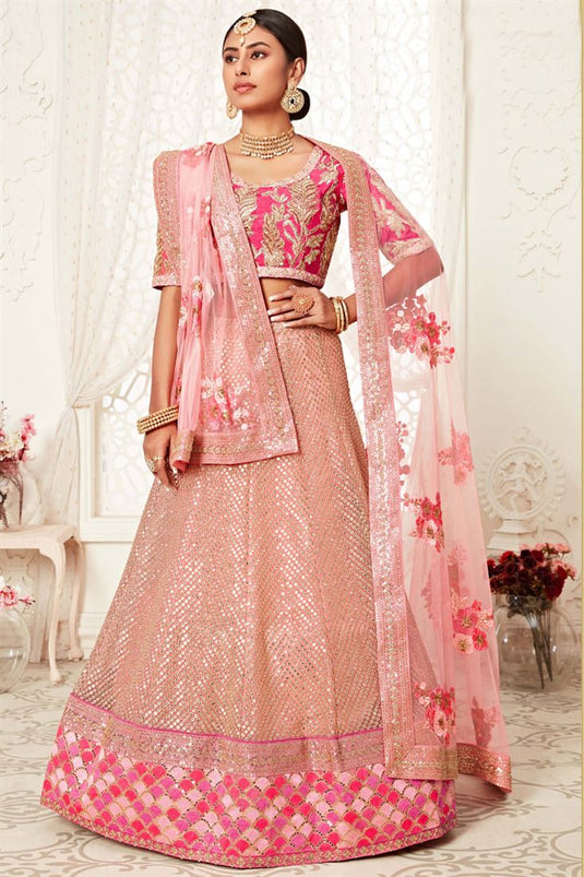 Silk Fabric Reception Wear Embroidered Stylish Lehenga Choli In Pink C