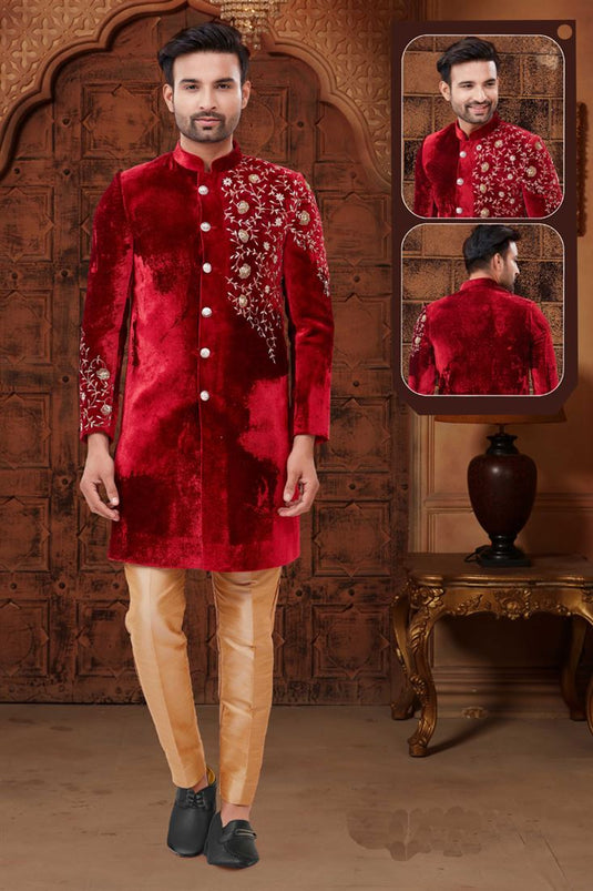 Enriching Red Color Velvet Fabric Reception Wear Indo Western For Men
