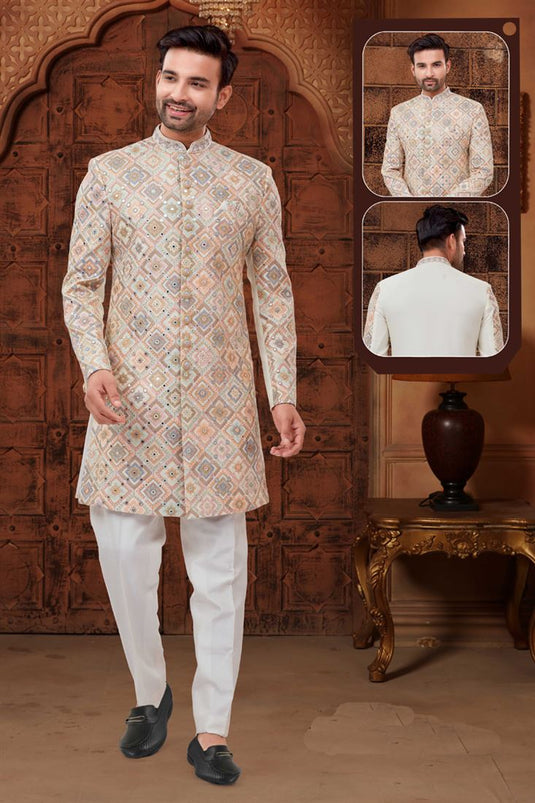 Glamorous Cream Color Fancy Fabric Sangeet Wear Indo Western For Men