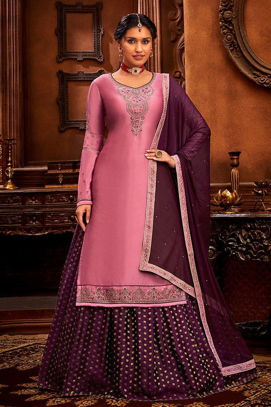 Jacquard Fabric Function Wear Embroidered Work Vintage Sharara Top Lehenga In Wine Color